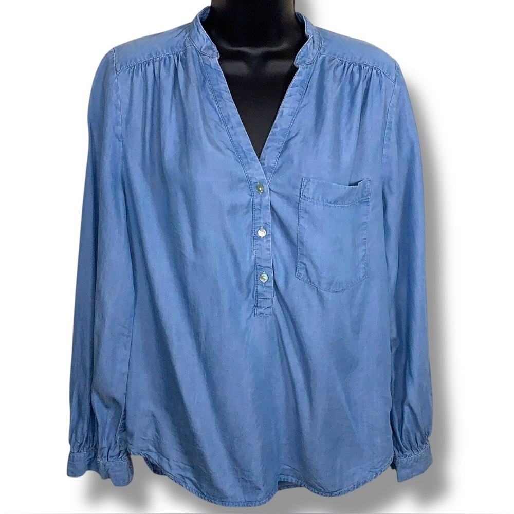 Size 4 H And M Blue Lyocell Vneck Long Sleeve Top Button Up Accent Coastal